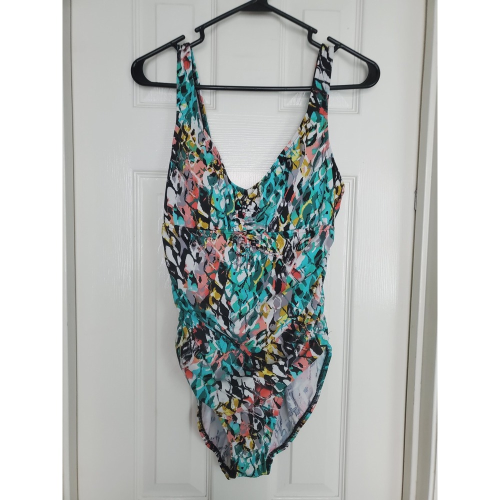 Aqua Green One Piece Swimsuit Multicolor Abstract Ruched V-Neck Swimwear Large‎